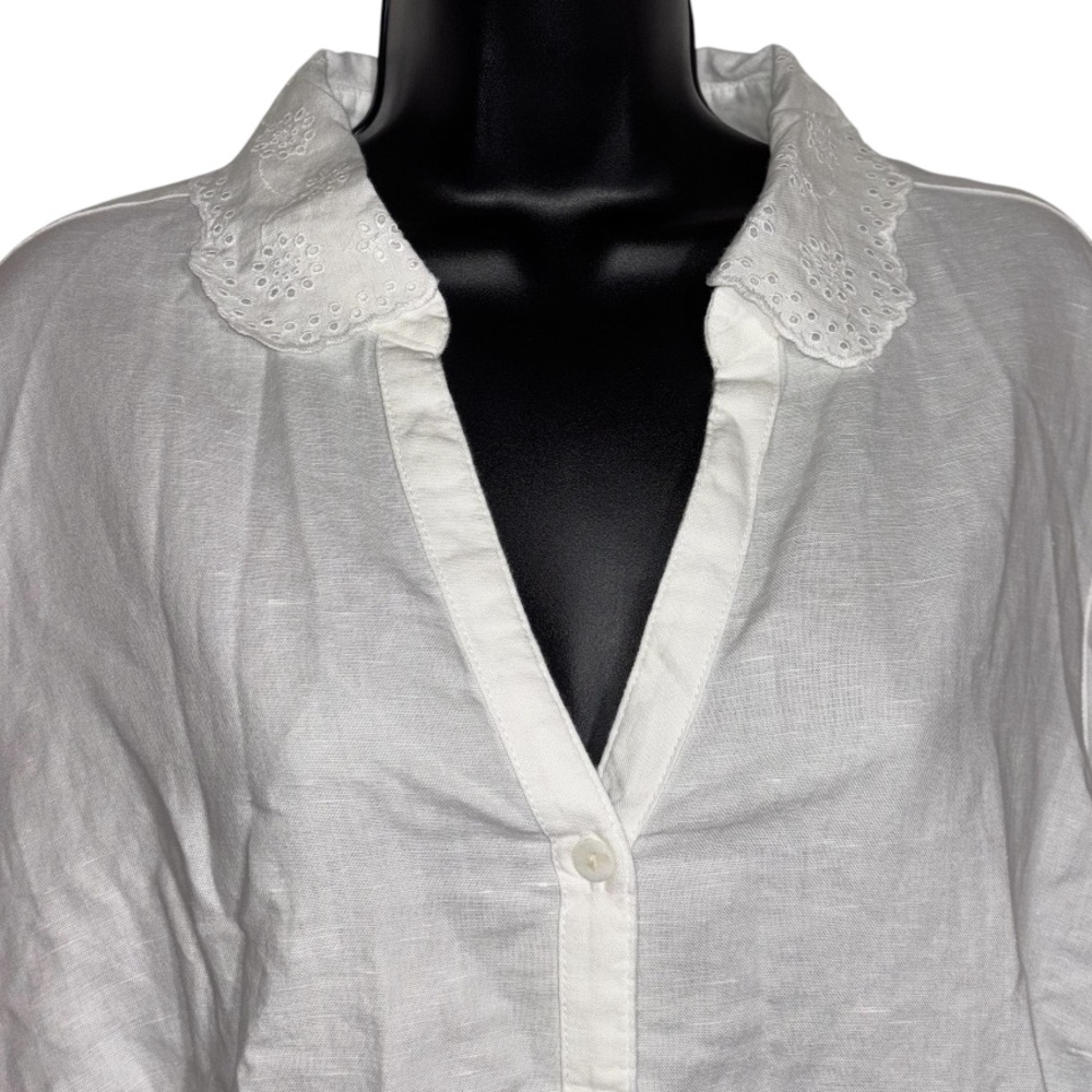 Laura Ashley Blouse Linen Cotton Blend Button Front Long Sleeve Eyelet Collar 1X - Picture 2 of 13
